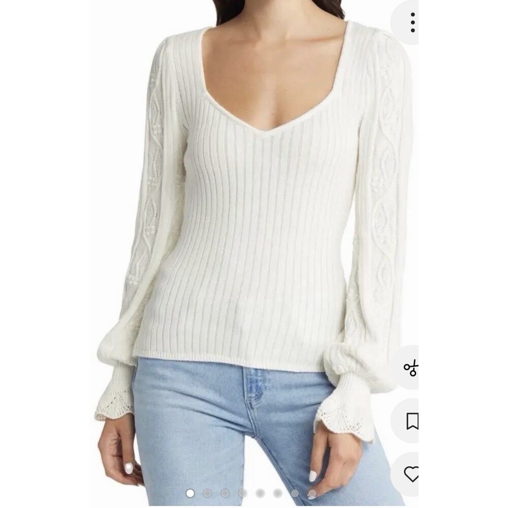 PAIGE Women’s Europa Size Small Sweater Cotton Silk Ivory Rib V-Neck Cable